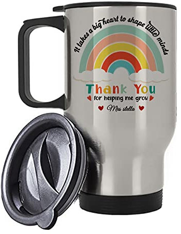 Personalised Thank You for Helping Me Grow Thanks Giving, Best Teacher Ever, End of School Year, Birthday, Christmas Silver/White Insulated Travel Tea/Coffee Mug. (Silver)