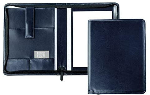 DELMON VARONE - Tablet Schreibmappe mit Reißverschluss inkl. Notizblock DIN A5 (50 Blatt) aus veganem Eco Kunstleder Blau - Organizer Konferenzmappe mit Stifthalter & Einsteckfach - Besprechungsmappe