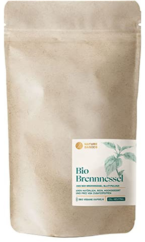 Nature Basics® BIO Brennnessel zertifiziert & nachhaltig im Nachfüllbeutel | 360 vegane Kapseln für 6 Monate | 900mg Bio Brennnesselblattpulver pro Tagesdosis | rein & CO-neutral