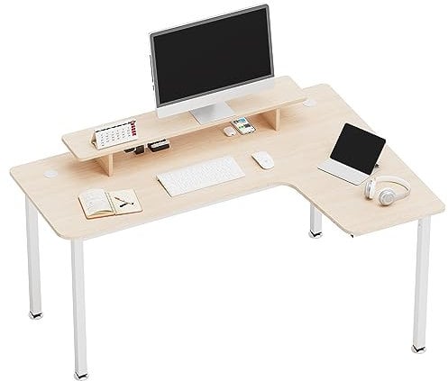 EUREKA ERGONOMIC L Shaped Desk 155x110cm Corner Computer Desk with Monitor Shelf and LED Strip Large Home Office Desk Gaming Desk w Mouse Pad