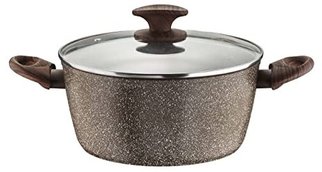 Pintinox Casseruola Alluminio Serie Natura, Antiaderente Effetto Pietra, Manico Effetto Legno, Coperchio in vetro con pomolo soft-touch effetto legno, Adatta all'Induzione, Diametro 26 cm