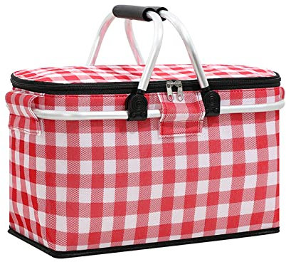 Large Size Insulated Picnic Basket, Foldable Cooler Bag, Waterproof Lining Cool Hamper Shopping Basket Bag Box for Camping, Hiking, Picnicking, Lake Trips, Family Vacations,-Keeps Food Cold (Red)
