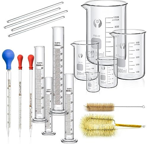 Set di Bicchieri Cilindrici Graduati Pipette in Vetro, JESSTOLO 5 Graduato Misurazione Becher, 4 Cilindro Graduato, 3 Vetro Graduati Pipette, 4 Aste di Agitazione in Vetro e 2 Spazzolini di Pulizia