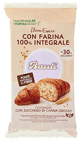 Bauli Cornetti con Farina Integrale e Zucchero di Canna Grezzo Croissant mit Vollkornmehl und Rohrohrzucker Packung à 222g, Jede Packung enthält 6 Croissants à 37g