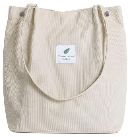 Funtlend Damen Cord Umhängetasche Groß Cordtasche Cord Shopper Handtasche für Uni Arbeit Mädchen Schule Büro, Schwarz/Grau/Beige, 40*35*11 H*W*D