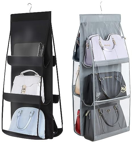 Cisolen 2 Stück Handtaschen Aufbewahrung Hanging Handbag Organizer Tasche Handtaschen Hängeorganizer Aufbewahrung 6 Fächer Taschenhalter für Familienschrank Schlafzimmer Wohnzimmer