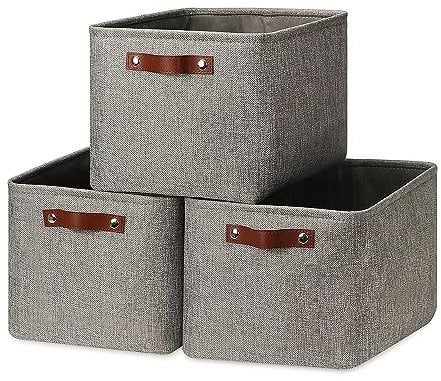Mangata 33x38x33CM Storage Cube Boxes, Collapsible Linen Woven Fabric Storage Baskets, Cube Closet Organizer with Leather Handles (Grey)