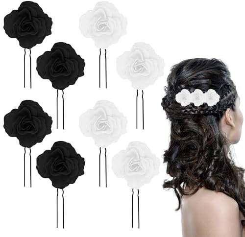 8 PCS White Black Rose Flower Hair Clips U Shape Floral Bobby Pins,Vintage Rose Hair Accessories for Women Girls Party Beach Wedding(White+Black)