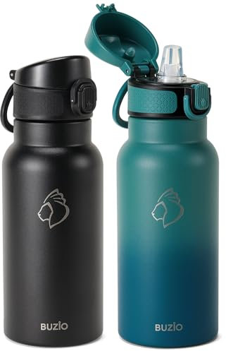 BUZIO 2 Pack Insulated Water Bottle 500ml - Stainless Steel Water Bottle with Straw for School - BPA Free - 100% Leak Poof - Lockable POPUP Lid - Toddler Water Bottle 500ml - Black&Blue