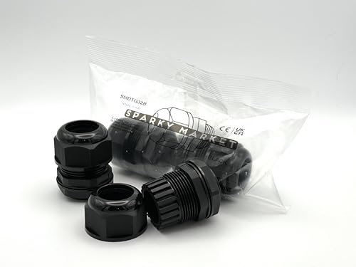 Pack of 2 M32 Black 32mm IP68 Waterproof Nylon Cable Glands, Locknut and Washer for 18mm - 25mm Cables, Compression Stuffing Gland Connector Sparky Market