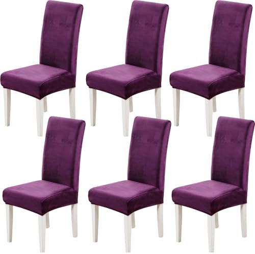 Xundefeng 6er Set Stretch Samt Stuhlhussen für Esszimmerstühle, Schutz Hussen für Stühle Schwingstühle, Dekoration Stuhlbezug für Haus, Küche, Hotel, Party - Violett