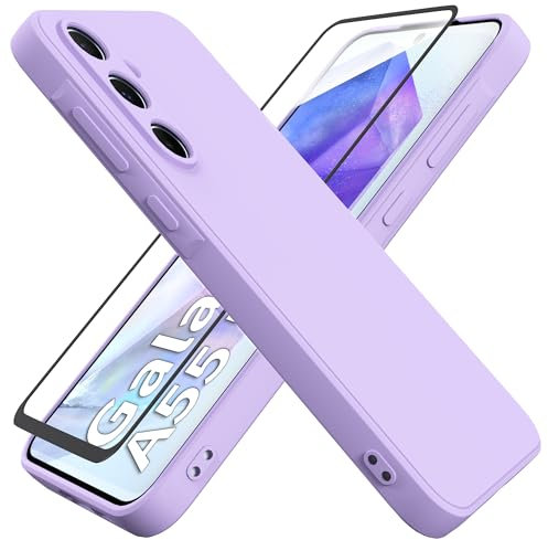 HHUIWIND Coque pour Samsung Galaxy A55 5G (6.6) avec Verre Trempé écran Protecteur,Housse de Protection Silicone TPU Anti-Scratch Antichoc Bumper Étui Case Cover - Violet