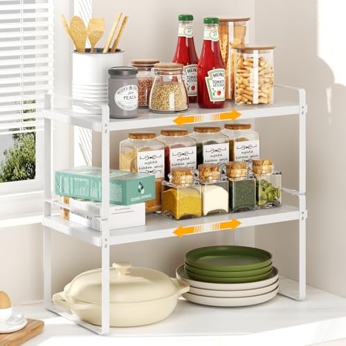 devesanter Erweiterbares Küchenregal Organizer,2 Stück Stapelbar Küchenregal Arbeitsplatte Organizer, Gewürzhalter,Regaleinsatz für küchenschrank für Küche,Bad,Tischplatte,Sideboard(Weiß)