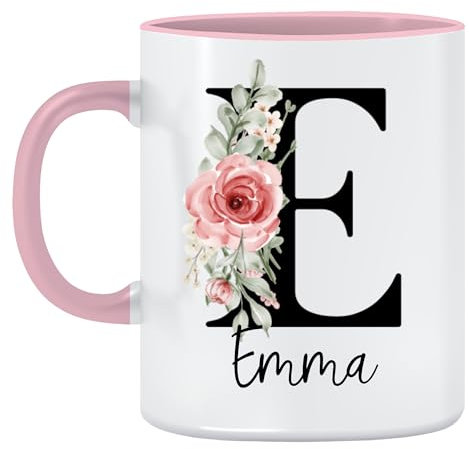 Tasse personalisiert Wunschname Monogram Initiale Kaffeetasse mit Buchstabe personalisierte name Anfangsbuchstabe,325 ml, Keramik Pink