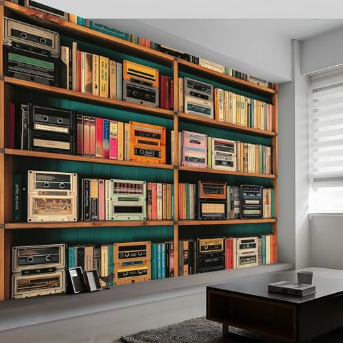 Vlies Fototapete Retro Stil Bücherregal Klebeband Tapete 500 x 280 cm (B x H), Bunt Fototapete Schlafzimmer Wohnzimmer Vliestapete Wandtapete Motivtapeten Bildtapete 3d Effekt Wand Dekoration