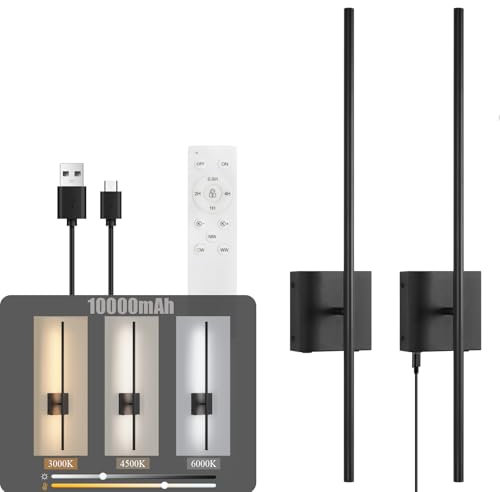 EIDEARAY Battery Operated Wall Lights Indoor, USB Rechargeable LED Wall Lamp with Remote Control, Dimmable Wall Light Wireless, Black 70CM Modern Wall Sconce for Living Room Bedroom(2 Pack)