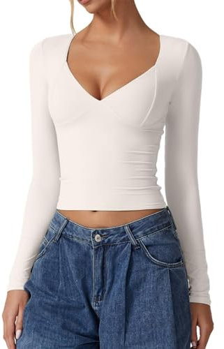 Women's Sexy V Neck Y2K Short Sleeve T Shirts Ladies Crop Tops Shirt Double Lined Tee Seamed Cup Going Out Tops (Long Sleeve-White, S)