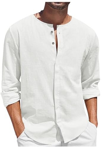 Faonkeew Leinenhemd Herren Langarm Leicht Sommer Strandhemd Button Up Shirt Männer Einfarbig Lässig Sommerhemd Regular Fit Freizeithemd Atmungsaktiv Tee
