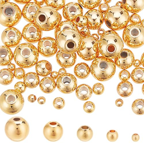 HOBBIESAY 75 perline placcate in oro 14 carati, 2 sfere d'oro da 6 mm, in ottone, piccole perle in metallo liscio, distanziali per la creazione di gioielli, foro: 0,8 – 1,5 mm
