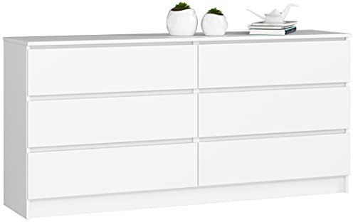 AKORD Kommode K-160 mit 6 (2 x 3) Schubladen | für das Wohnzimmer Schlafzimmer Schrank Büro Arbeitszimmer | Modernes Funktionales Design | B160 x H77 x T40 cm, Gewicht 70 kg | Weiß