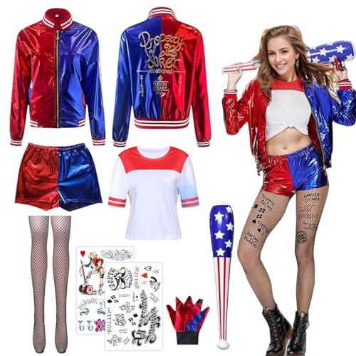 Yuragim Quinn Kostüm Damen Karneval Cosplay Kostüme Kit mit Baseballschläger Handschuhe Jacke T-Shirt Shorts Netzstrümpfe Temporäre Tattoos, Suicide Mädchen Bösewicht Outfits für Faschings Erwachsene
