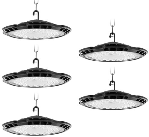 Sararoom 150W UFO LED Hallenleuchte 15000LM Hallenstrahler LED Werkstatt Deckenleuchte, 5 Stück 6500K Kaltweiß Werkstattlampe Baustrahler Industrial Kronleuchter Strahler für Garage Warenhaus Fabriken