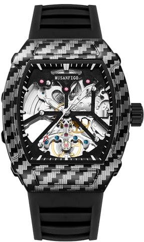 MUSANFIGO Hollowed Out Men's Fully Automatic Mechanical Watch, Wine Barrel Shaped Silicone Tape, Fashionable Men's Night Light Waterproof Trend Watch 6021A (Black)