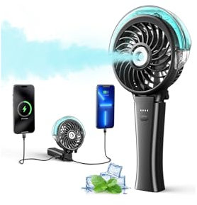 WITHOUSE Ventilateur brumisateur portatif de 6000 mAh avec chargeur portable, autonomie de 20 heures, ventilateur de brume rechargeable avec réservoir d'eau de 50 ml, pliable à 180° pour voyage
