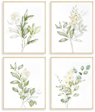 Dazzlewall 4er Set Botanische Aquarell Blumen Wandbilder, Salbeigrün Pflanzen Drucke, Minimalistische Blätter Leinwand Bilder für Schlafzimmer Badezimmer Deko 20×25 cm Ungerahmt