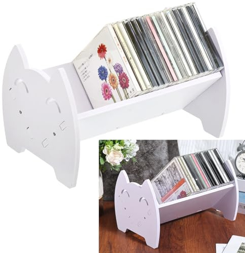 Rainmae CD Holder Desk Video Game Storage Organizer, PVC DVD Storage Rack with Cute Smile Face, Game Box Display Stand for DVDs PS4 PS5 Video Cases Books, Holds 30 CD Case, Easy Assembly, White