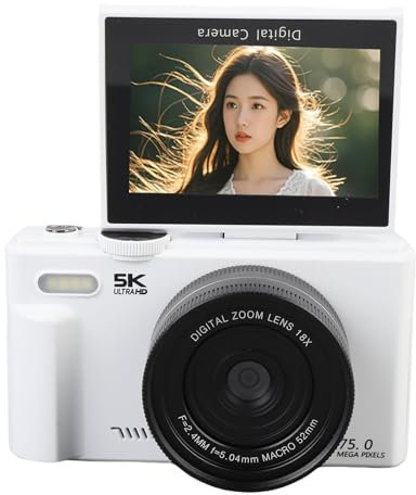 5k Digitalkamera für Fotografie, WLAN 75MP Vlogging -Kamera für YouTube, Autofokus, 3 180 ° Flip -Bildschirm, 18 -facher Zoom, Kompakte Vlog -Reise Camara (White)