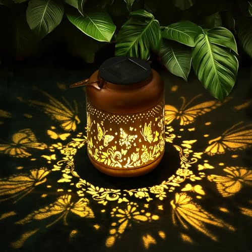 Dremisland Laternen für Draußen Herbst Schmetterling Solarlaterne IP65 Wasserdichte Solarlampen Gartendeko Geschenke für Frauen Mama Oma Solarlaternen für Außen Hängende LED Metall Laterne Balkon Hof