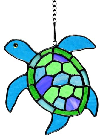Lcensp Stained Glass Sea Turtle Decor Suncatcher Ornament, Ocean Beach Theme Window Hanging for Turtle Lovers, Handmade Sea Life Sun Catcher, Beach Collection Gifts, 6.3x5.5 inches