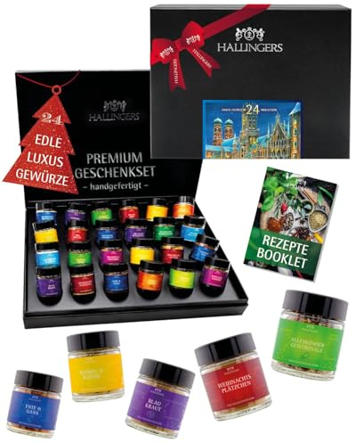 Hallingers Genuss Manufaktur Gewürz Weihnachts-Geschenk-Set - 24 Gewürze aus aller Welt in wertiger Geschenkbox mit Rezept-Booklet Marienplatz, Weihnachten für Frauen Männer