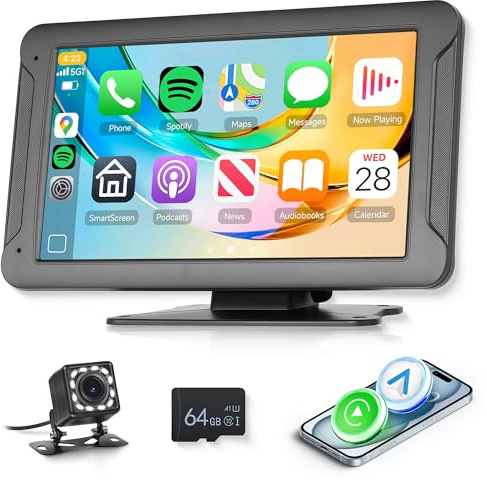 [64GB TF Card] Rimoody 7 inch Wireless CarPlay Screen with Backup Camera Car Radio Portable CarPlay Wireless Android Auto Screen Touch Screen Bluetooth FM Transmitter Airplay EQ Voice Control