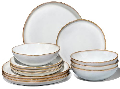 Joyfair 12 Pcs Stoneware Dinner Set Service for 4, Gilded Alabaster White | Reactive Glaze & Irregular Shape, Chip & Scratch Resistant, Plates & Bowls Dinnerware Set, Oven & Microwave & Dishwasher Safe