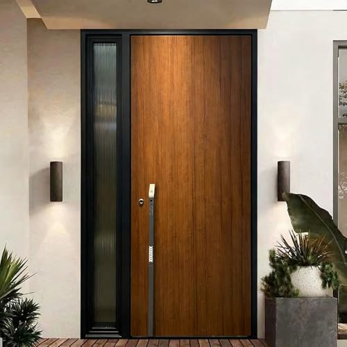 Moderne Aluminium-Haustür mit Holzmaserung, moderne Eingangstür mit Seitenwand, schwarzer Rahmen, Außentür mit Griff