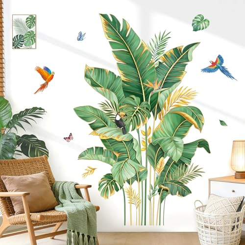 decalmile Wandsticker Tropische Pflanzen Wandtattoo Grüne Gold Blätter | Abziehbare und Aufklebbare Wandaufkleber, DIY Abnehmbare Wandkunst Abziehbilder, Wandfreundlich, Leuchtenden Farben