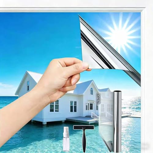 Silver 44.5x200cm wonderffolie Reflective One Way Window Film Privacy Heat, Mirror Window Film Anti Glare, Sun Blocker UV Window Film Clear See Out Not in for Home Office