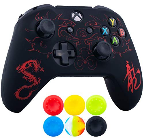9CDeer 1 x Stück SchutzfolieLasergravur Silikon Hülle + 6 Thumb Grips & Staubdichte Stecker für Xbox One S/X-Controller Loong rot