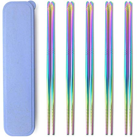 5 Pairs Rainbow 304 Stainless Steel Chopsticks Polished Multicolor Reusable Chopsticks, Dishwasher-Safe, Non-Slip, Metal Square Chopsticks Set with Case as Present Gift Fit Kitchen Dinner (Round)