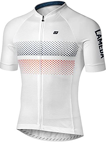 LAMEDA Herren Radtrikot Atmungsaktiv Leicht Kurzarm Elastisch Pro Bike Shirt mit Durchgehendem Reißverschluss für Rennrad - Weiß - Groß