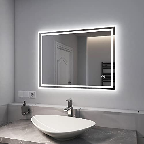 EMKE LED Badspiegel mit Beleuchtung 90x70cm Badezimmerspiegel kaltweiß Lichtspiegel Wandspiegel mit Touchschalter + beschlagfrei IP44