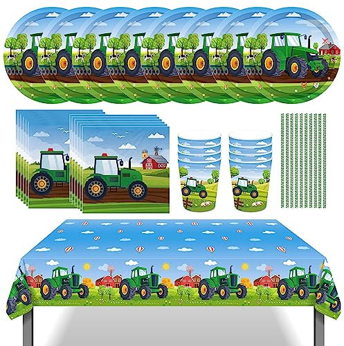 51Pcs Traktor Partygeschirr Kindergeburtstag,10 Gäste Traktor Partei Dekorationen Themed Birthday Party Supply Geburtstags Party mit Teller Tassen Servietten Strohhalme Tischdecke