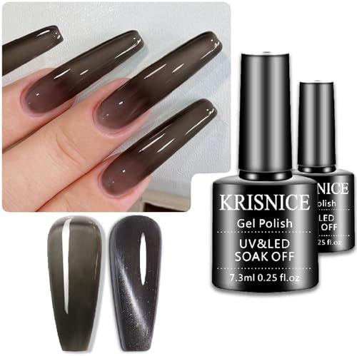 KRISNICE Jelly Crystal Gel Nail Polish Set Gray Translucent Fall Autumn,1Ps Black Cat Eye Gel Nail Polish Designs Manicure DIY Home UV LED Soak Off Art Gift (KCS2-013)