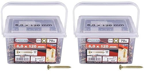 Connex Universalschrauben 6,0 x 120 mm - 70 Stück im Set - Senkkopf - TX-Antrieb - Teilgewinde - Gelb verzinkt/Schrauben-Set/Schrauben-Eimer / B30198 (Packung mit 2)