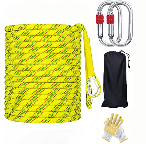 LQSSA 12 Mm Polyester-Verstärkungsdrähte, Kletterseil, 10–50 M, Mit Rutschfesten Handschuhen Und 2 Karabinern, Statisches Felsflucht-Feuerrettungsseil/Yellow/50M