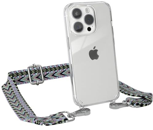 EAZY CASE - Handykette mit verstellbarem Trageriemen für iPhone 15 Pro - Taschengurt zum Wechseln mit transparenter Handyhülle für iPhone 15 Pro Hülle dünner Schulterriemen in Lila Grün Silber