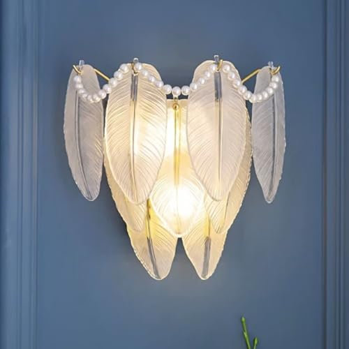 GUANSHAN Glas Feder Wandleuchte Glas Hintergrund Wandleuchte Glas Nachttisch Wandleuchte Mit Perle Dekoration Wandleuchte Für Schlafzimmer, Wohnzimmer