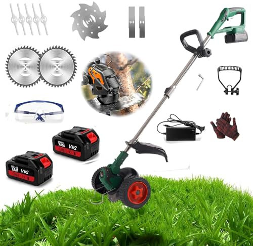 Decespugliatore Elettrico Senza Filo Con 2 Batterie,2000w Tagliasiepi A Carrello Professionale 2 In 1 Con 4 Tipi Di Lame, Maniglia Telescopica, Per Prato Campo Da Giardino (Ha le ruote)